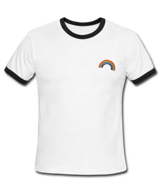 White Contrast Trim Rainbow Embroider T-Shirt
