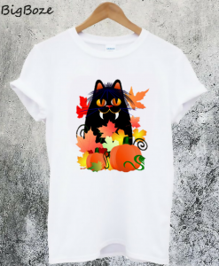 Black Halloween Kitty and Pumpkins T-Shirt