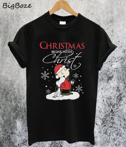 Snoopy and Charlie Brown Christmas Begins with Christ T-Shirt